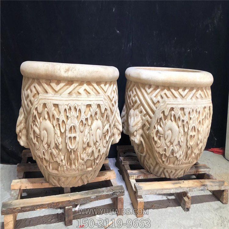 浮雕创意大理石石雕石缸博鱼网页版摆件