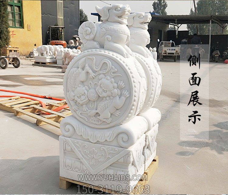 汉白玉天然石材雕刻麒麟抱鼓石别墅招财门墩博鱼网页版
