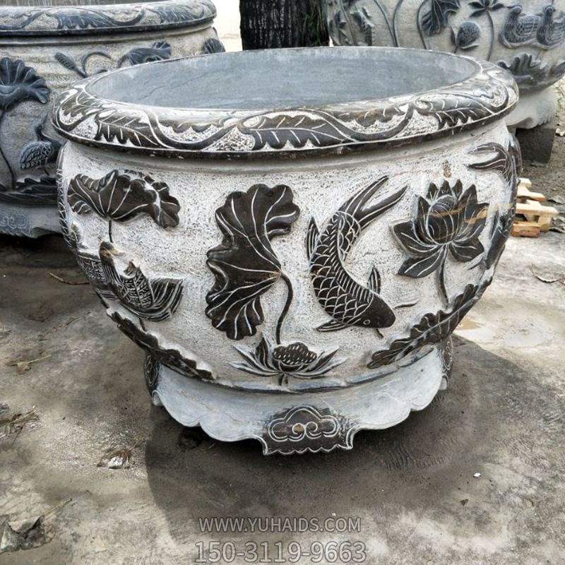 仿古石雕鱼缸浮雕荷花景区庭院花盆博鱼网页版