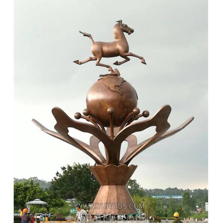 黄铜铸造马踏地球花朵创意景观博鱼网页版