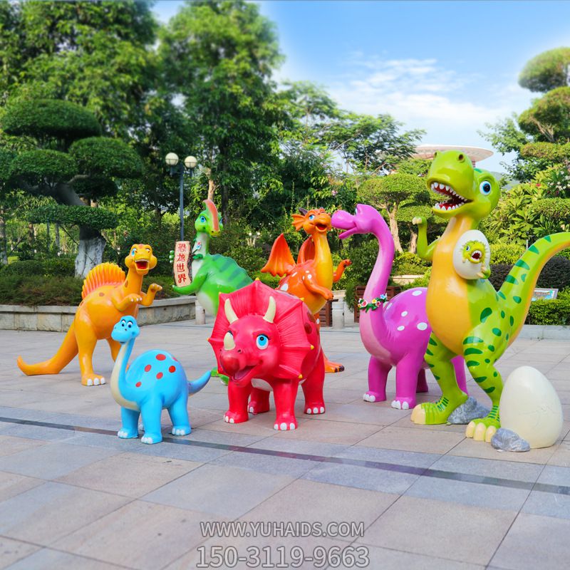 公园景区玻璃钢彩绘多只恐龙博鱼网页版