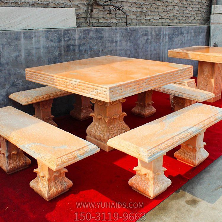 晚霞红石桌石凳  雕刻花纹石雕圆桌  公园庭院休闲区庭院户外摆件博鱼网页版