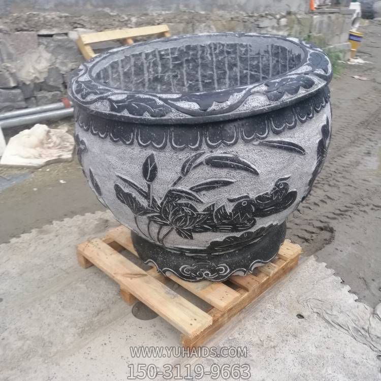 庭院摆放青石仿古浮雕刻鸳鸯动物圆形水缸博鱼网页版
