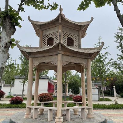 村庄文化中心摆放中式二层大理石凉亭