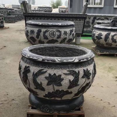 青石荷花流水鱼缸石雕花盆庭院仿古圆形摆件