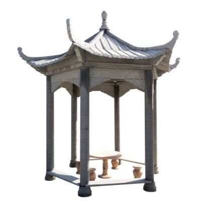 庭院中式仿古建筑六角凉亭休息乘凉下棋园林石头凉亭
