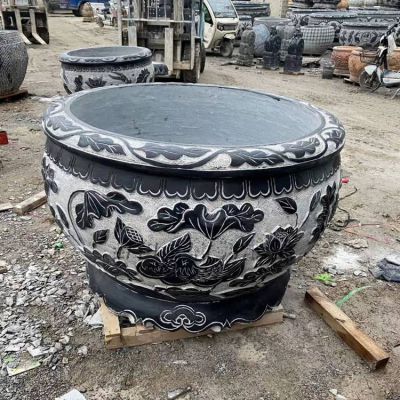 庭院摆放中式青石浮雕荷花养鱼水缸