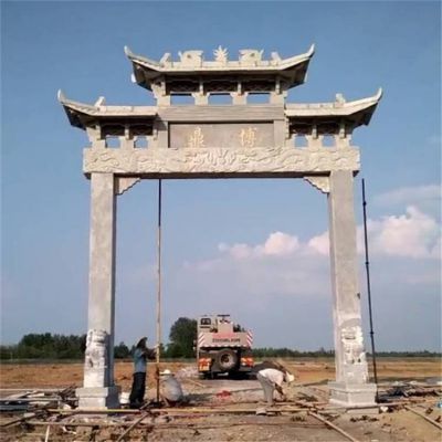 大理石砂岩制作单门简约石牌坊村口摆件
