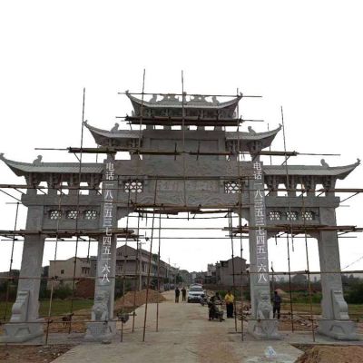 村口装饰青石浮雕仿古三门楼石牌坊