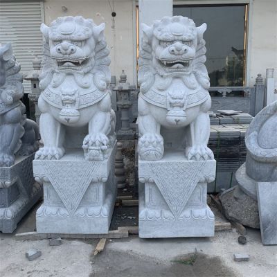 企业门口两侧摆放大理石雕刻招财镇宅狮子门墩