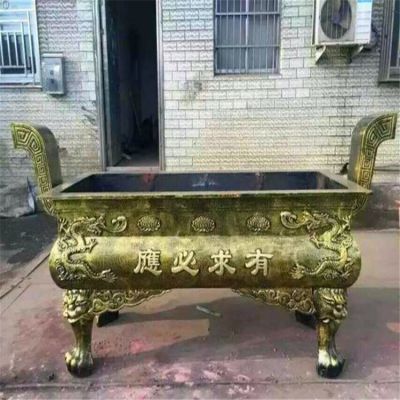 道教寺院摆放长形平口漆金仿铜香炉