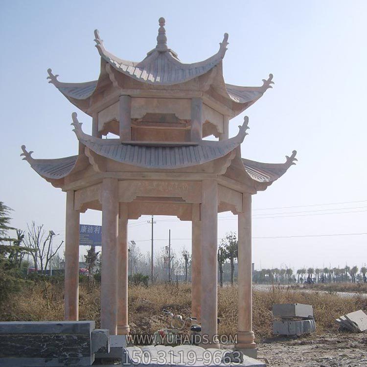 户外园林景观晚霞红石雕多层六角凉亭博鱼网页版