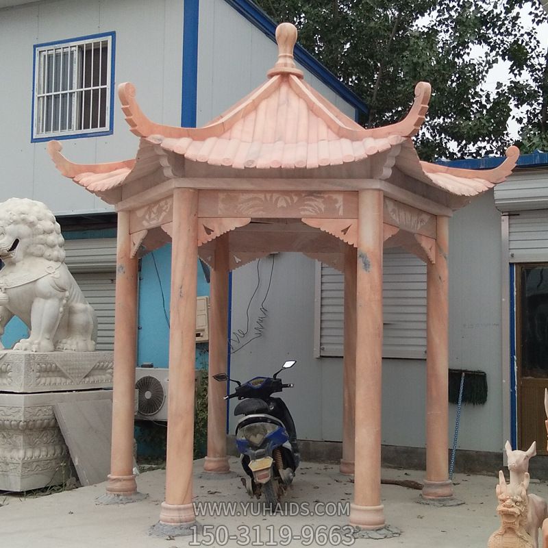 花园草坪摆放大理石晚霞红六角仿古建凉亭博鱼网页版