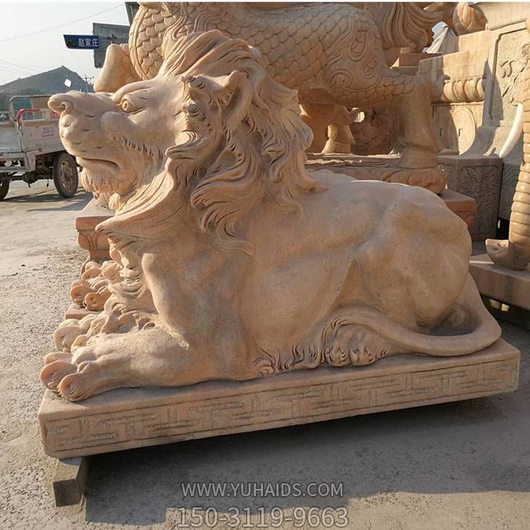 企业大门摆放晚霞红雕刻欧式卧石狮子寓意镇宅招财博鱼网页版