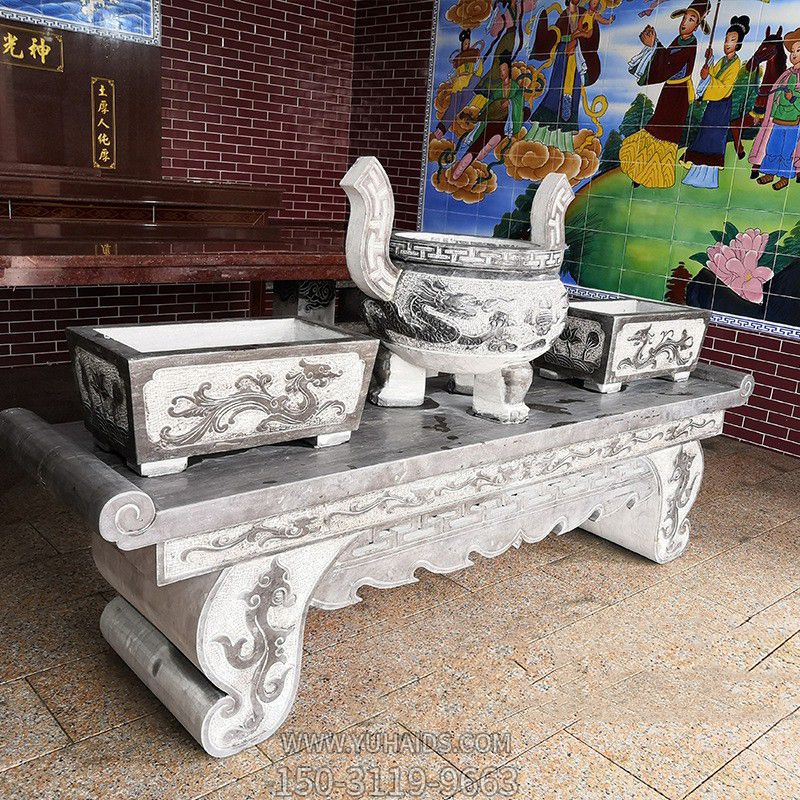 景区佛教寺庙仿古青石浮雕龙纹祭祀供桌香炉组合摆件博鱼网页版