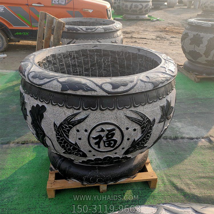 别墅大理石仿古做旧 雕刻福字鲤鱼圆形水缸博鱼网页版