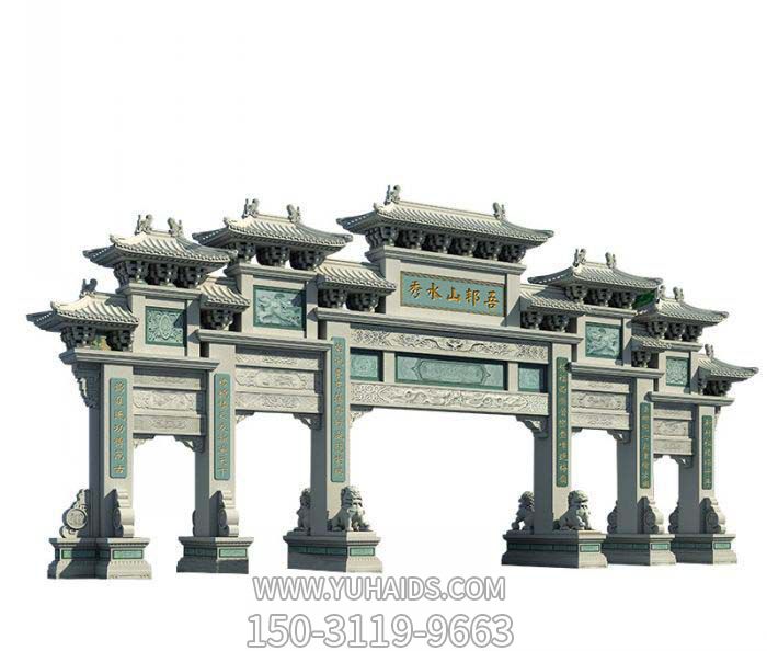 景区广场摆放青石大型五门石雕牌坊博鱼网页版