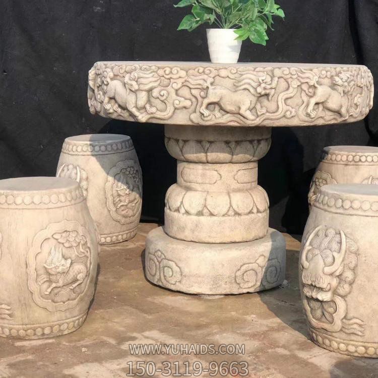 大理石做旧浮雕麒麟图案 圆石桌别墅园林摆件博鱼网页版