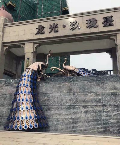 小区墙上两只有限的不锈钢镂空孔雀博鱼网页版