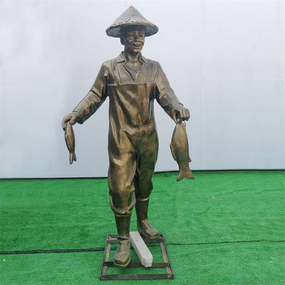 仿铜玻璃钢渔民人物博鱼网页版户外公园民俗渔文化打渔摆件