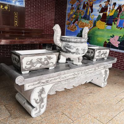 景区佛教寺庙仿古青石浮雕龙纹祭祀供桌香炉组合摆件