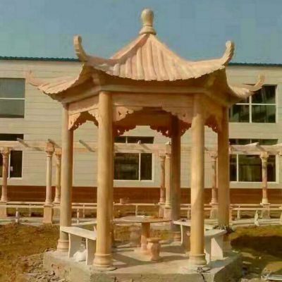 学院小区摆放晚霞红六角休闲凉亭
