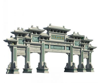 景区广场摆放青石大型五门石雕牌坊