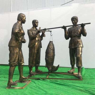 玻璃钢仿铜渔夫人物捕鱼博鱼网页版收鱼文化民风民俗摆 件