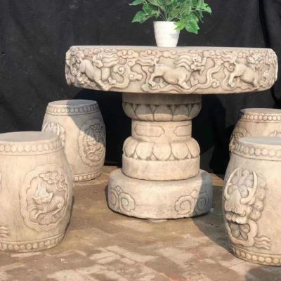 大理石做旧浮雕麒麟图案 圆石桌别墅园林摆件