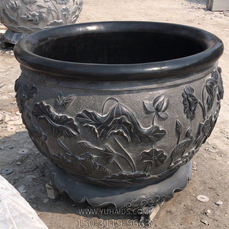 大理石做旧浮雕荷花圆形养鱼水缸庭院摆件博鱼网页版