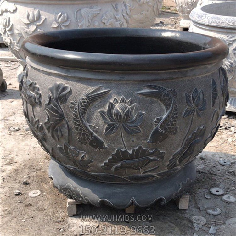 青石浮雕鲤鱼荷花水缸庭院摆件博鱼网页版