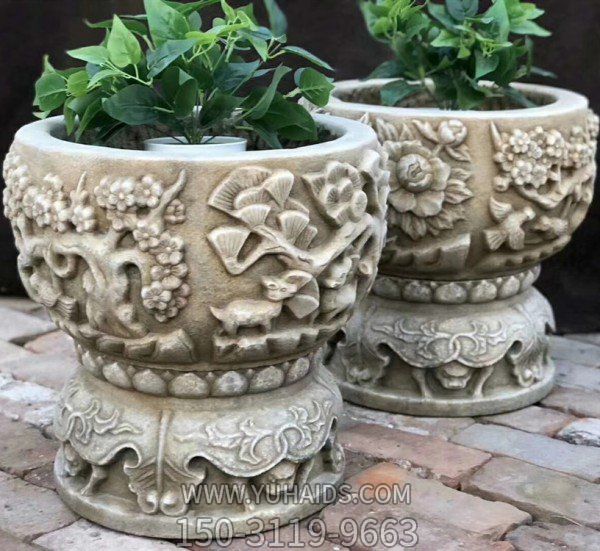 庭院摆放大理石浮雕做旧圆形花盆博鱼网页版