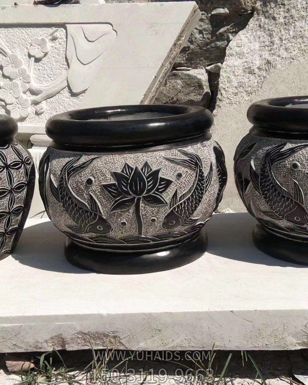 别墅庭院青石圆鱼缸浮雕荷花鱼缸博鱼网页版