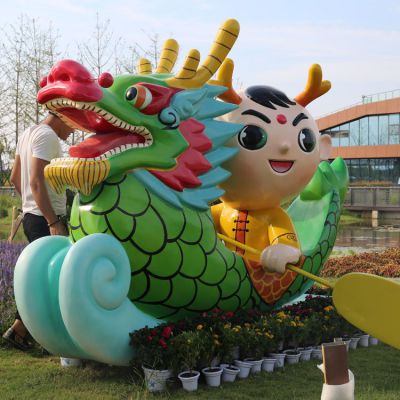 玻璃钢卡通划龙舟主题公仔人物博鱼网页版公园小品摆件