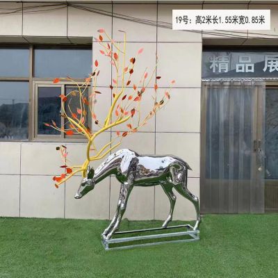 不锈钢镜面树叶鹿博鱼网页版 户外园林景观小品