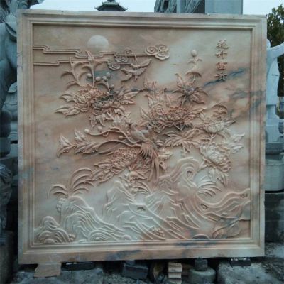 石雕天然石材晚霞红浮雕背景墙庭院仿古花开富贵壁画
