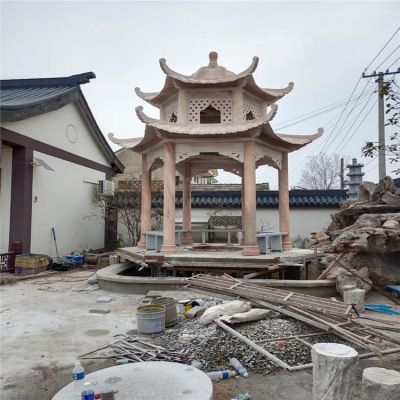 公园别墅中式晚霞红石雕六角凉亭博鱼网页版