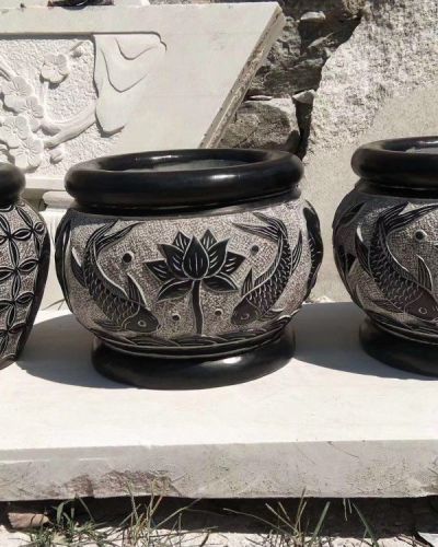 别墅庭院青石圆鱼缸浮雕荷花鱼缸