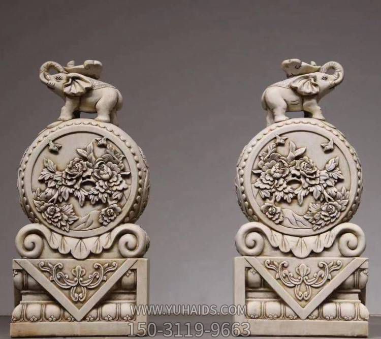 庭院门口摆放大理石做旧浮雕吉祥小象抱鼓石博鱼网页版