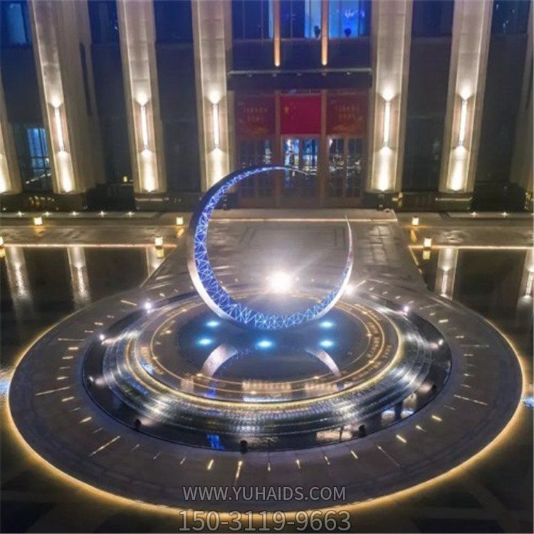 会所门口大型喷泉水景不锈钢几何发光月亮博鱼网页版