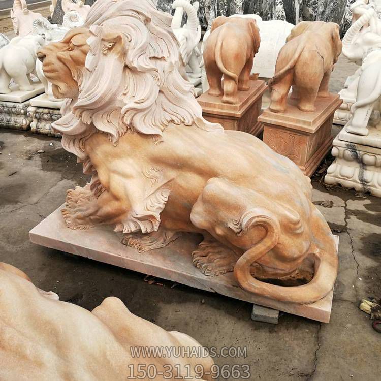 别墅庭院晚霞红石雕 大型户外门口狮子博鱼网页版