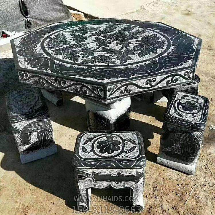 仿古做旧青石浮雕花纹户外园林景观石桌石凳博鱼网页版