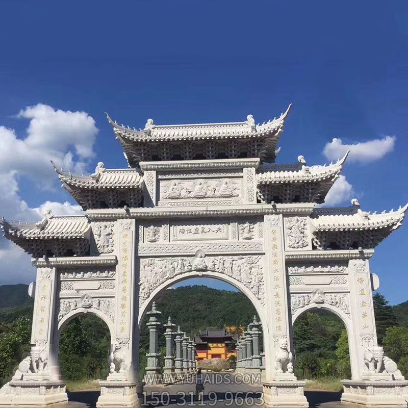大型汉白玉寺院景区三门石雕牌楼博鱼网页版
