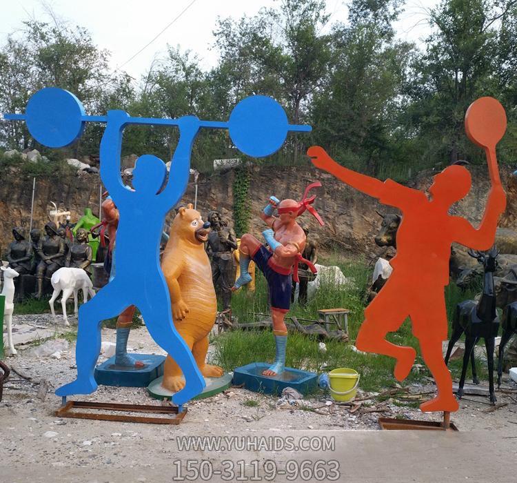 学院操场摆放不锈钢抽象剪影举重运动人物博鱼网页版