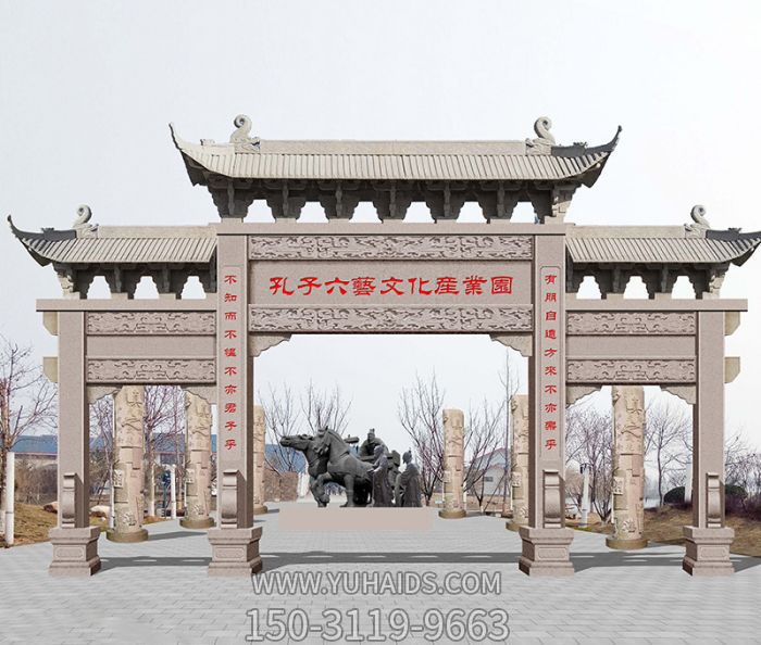 景区广场花岗岩三门石雕牌坊博鱼网页版