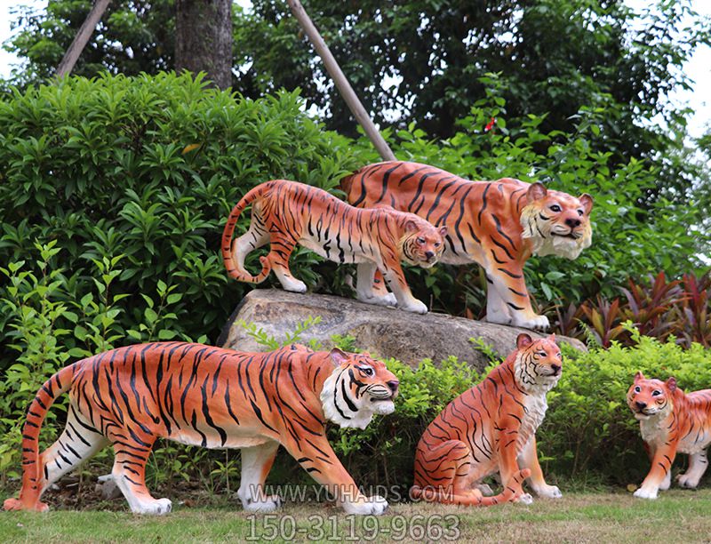 公园里摆放的五只不同形态的玻璃钢仿真虎博鱼网页版
