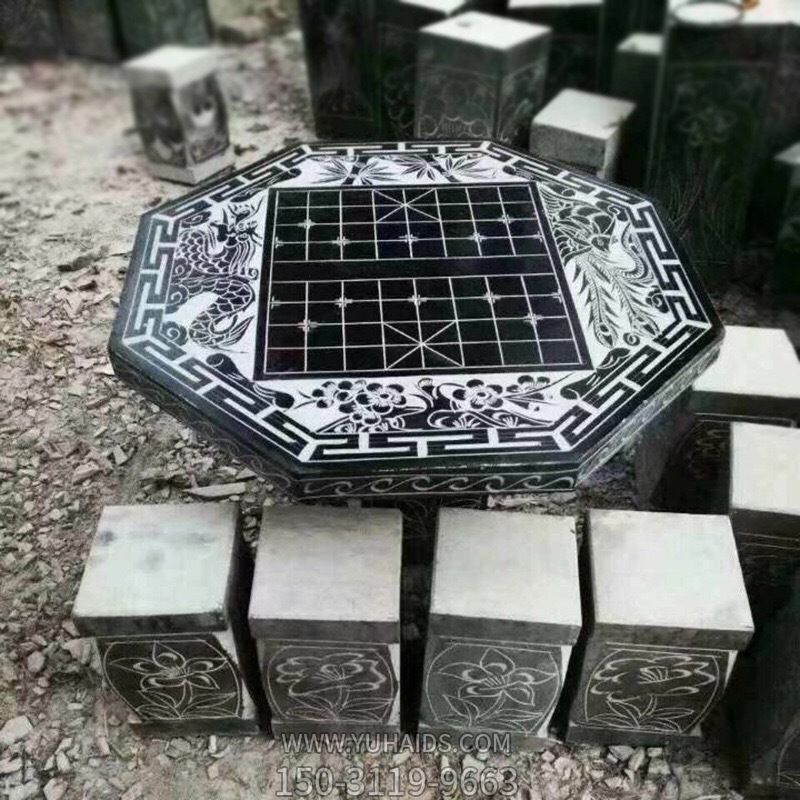 庭院公园化外摆放大理石雕刻象棋盘格花纹棱形石桌方凳博鱼网页版