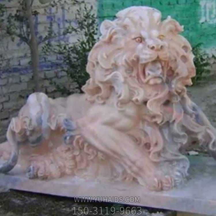 天然石材晚霞红雕刻西方卧狮别墅小区门口摆件博鱼网页版