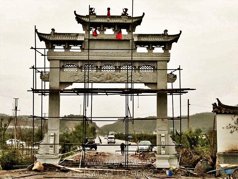 仿古建斗拱农村口单门三楼石牌坊博鱼网页版