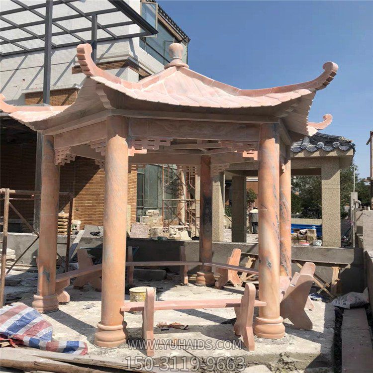 庭院户外装饰摆放 大理石晚霞红雕刻仿古建六角凉亭博鱼网页版